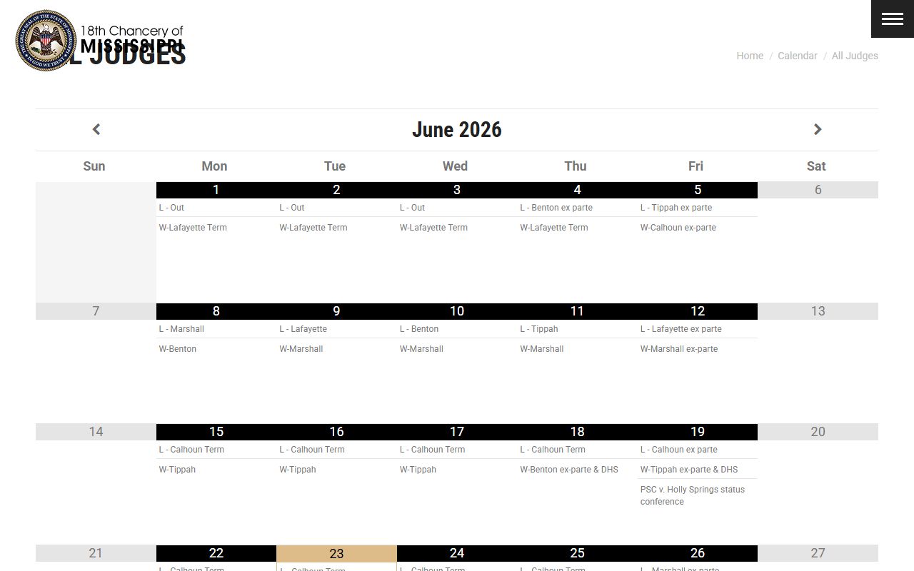 Calhoun County court dockets and the Eighteenth Chancery all-judges hearing calendar