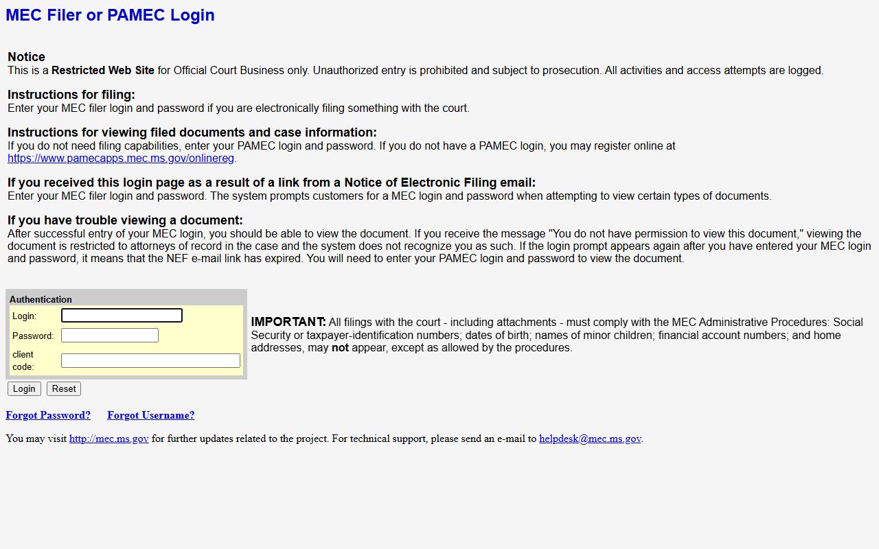 Calhoun County Chancery Court records login on the Eighteenth Chancery MEC portal