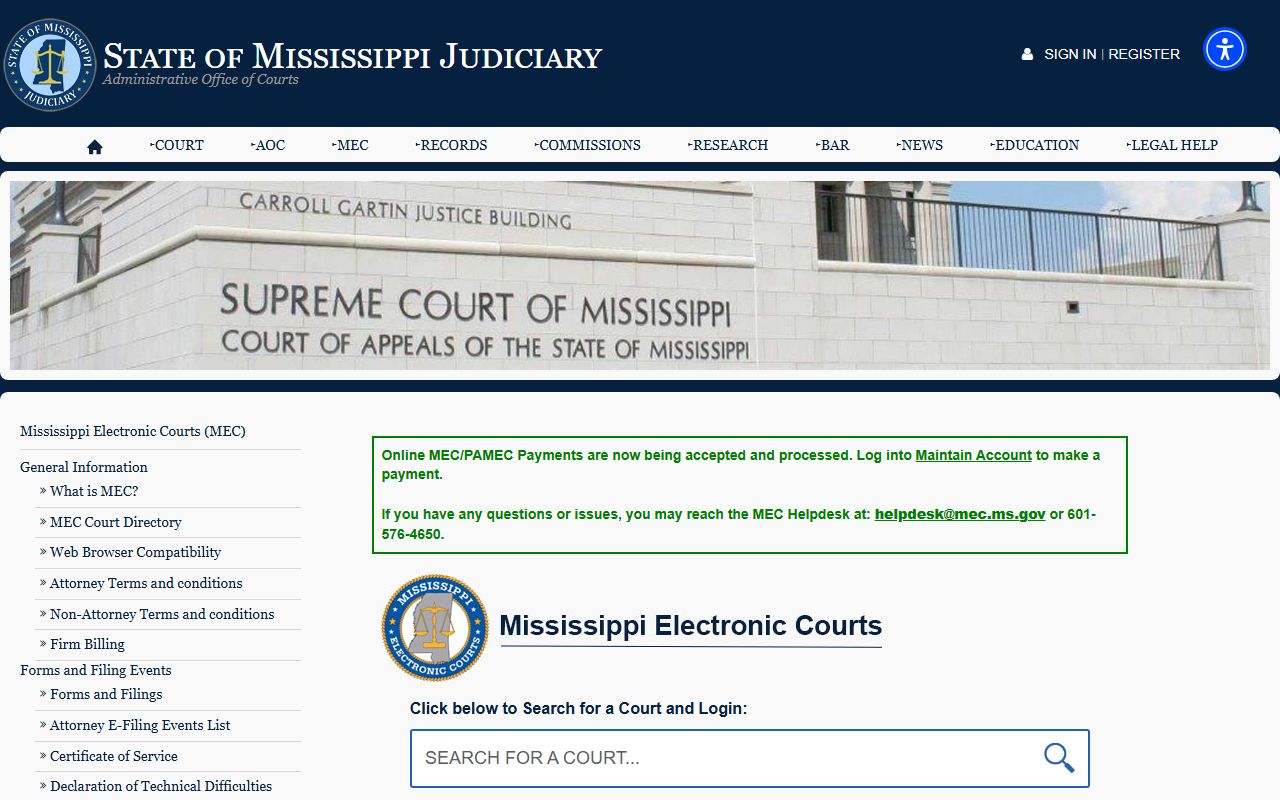 Calhoun County court records access through Mississippi Electronic Courts