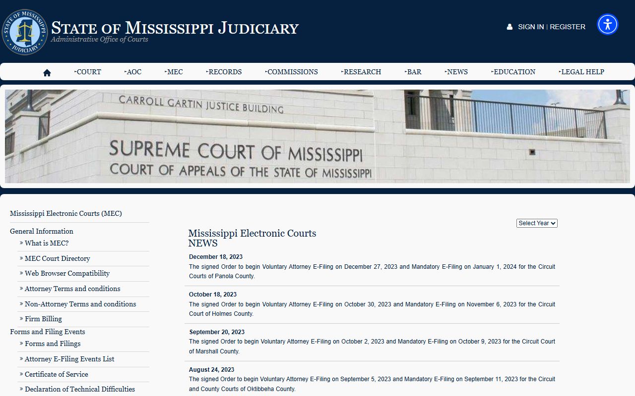 Calhoun County Circuit Court records e-filing implementation news from Mississippi Electronic Courts