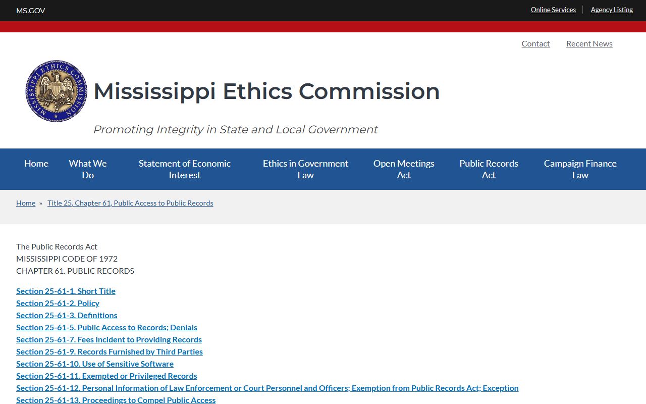 Mississippi Public Records Act page governing Calhoun County court records