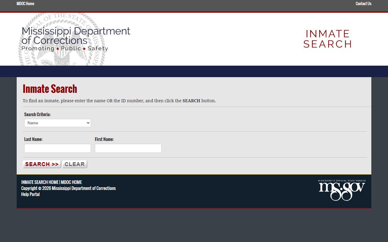 Calhoun County inmate records lookup on the MS.gov MDOC search interface