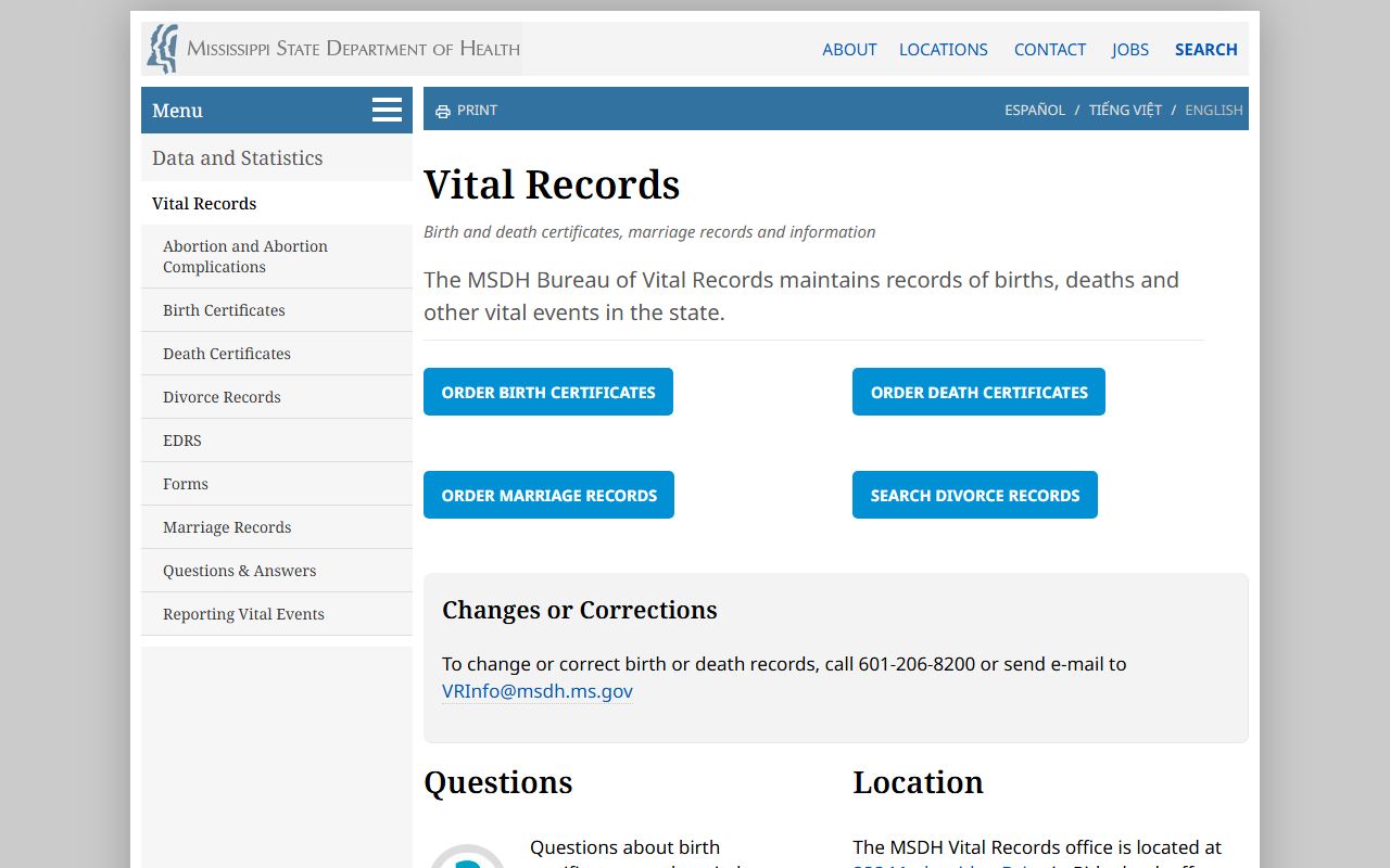 Calhoun County marriage and divorce records at the Mississippi vital records landing page
