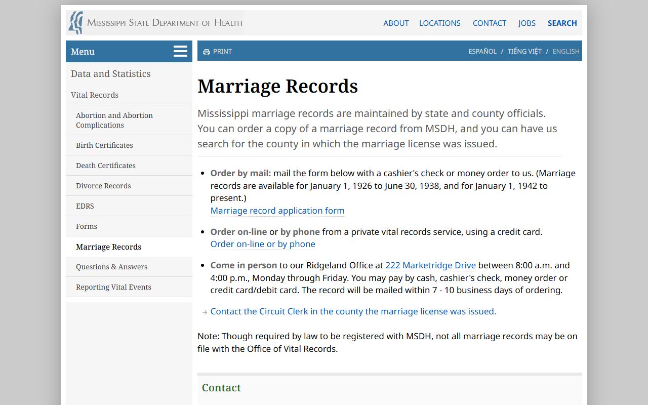 Calhoun County marriage records page at Mississippi State Department of Health