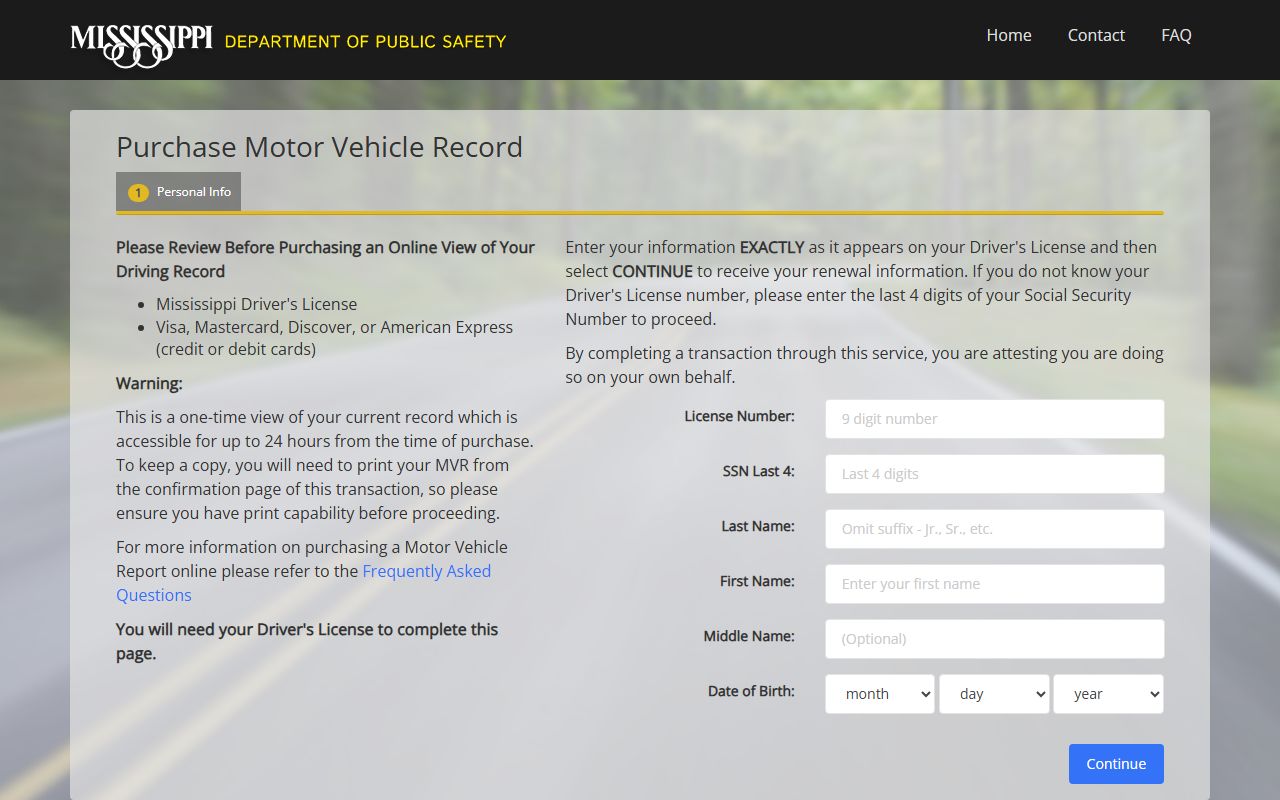 Calhoun County traffic court records Mississippi MVR purchase portal