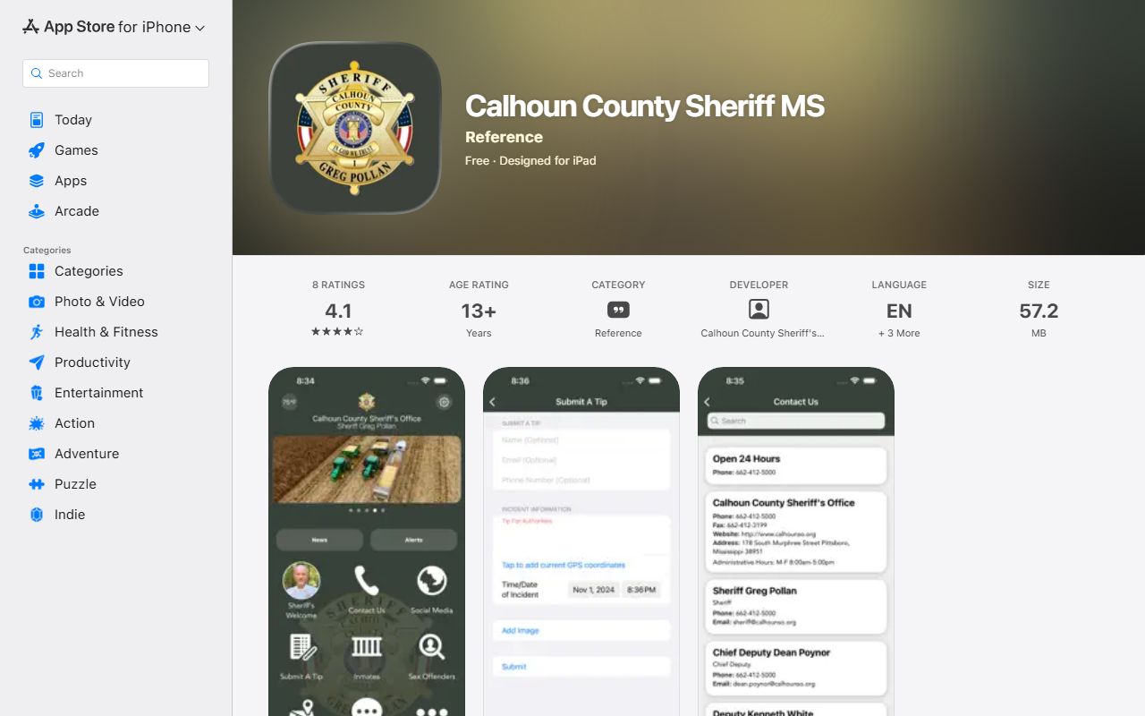 Calhoun County Sheriff warrant and tip app iOS listing