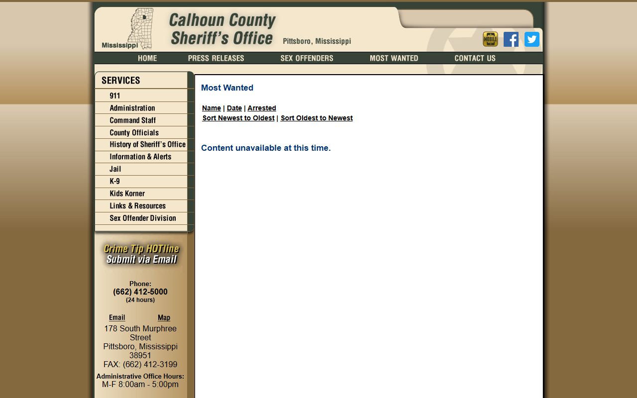 Calhoun County Sheriff Most Wanted warrant page